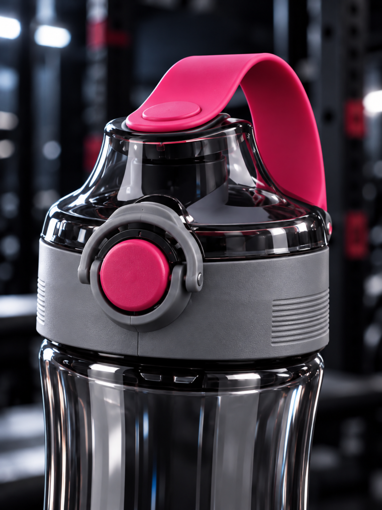 Gallery Close-up of the EYUN Large water bottle push-button lid and integrated pink carry loop.