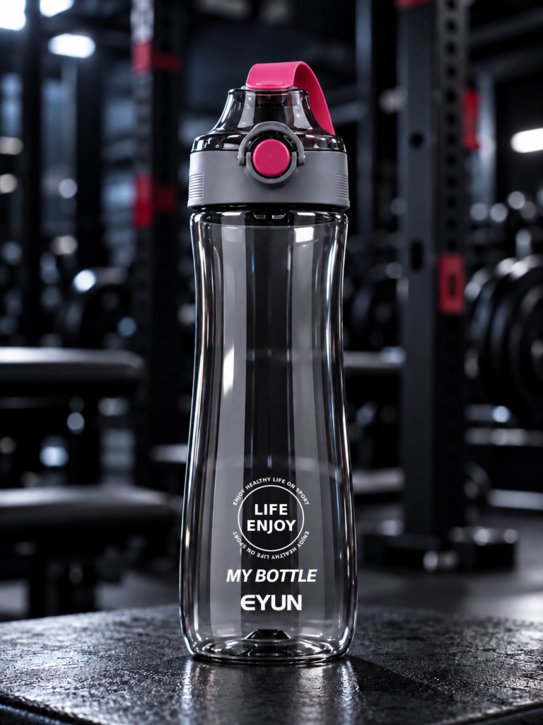 EYUN Large water bottle with transparent smoke body and pink push-button lid.