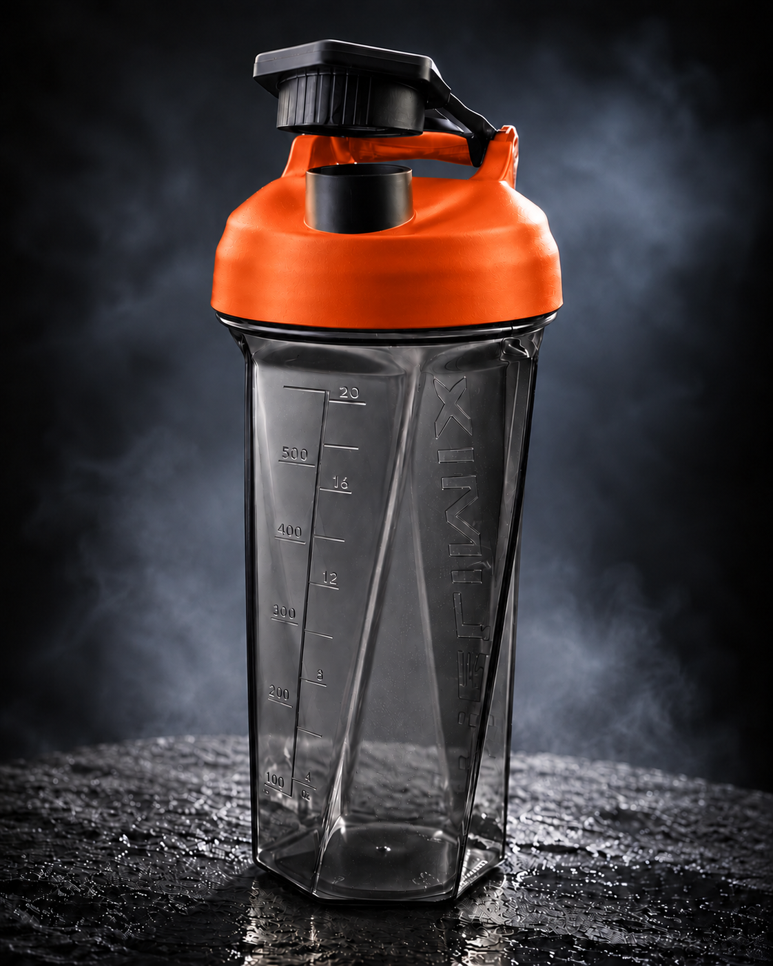 Model H 600 ml sports shaker with an orange lid and transparent smoke body.