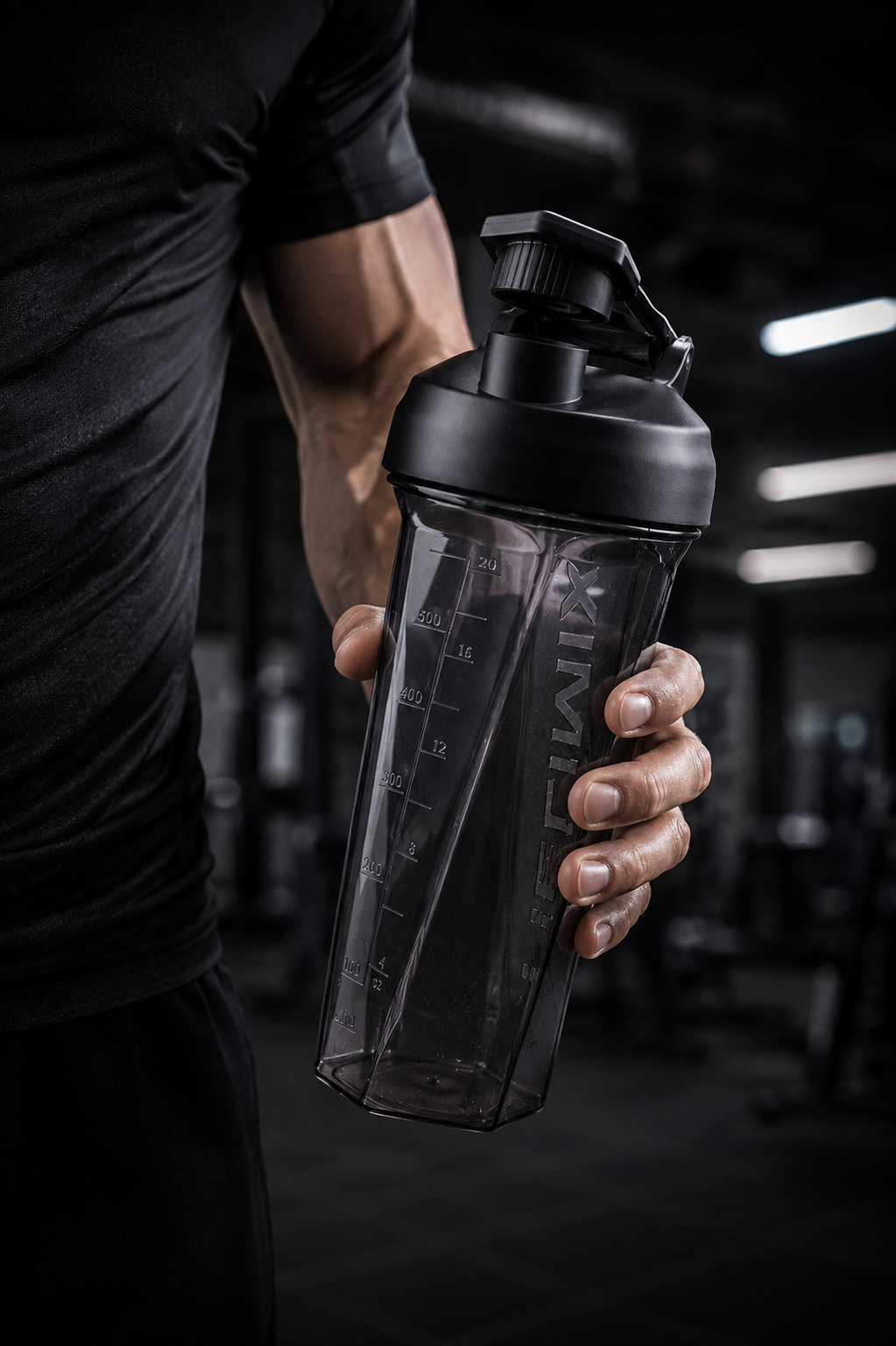 A person holding the smoke-coloured Model H 600 ml shaker in a gym.