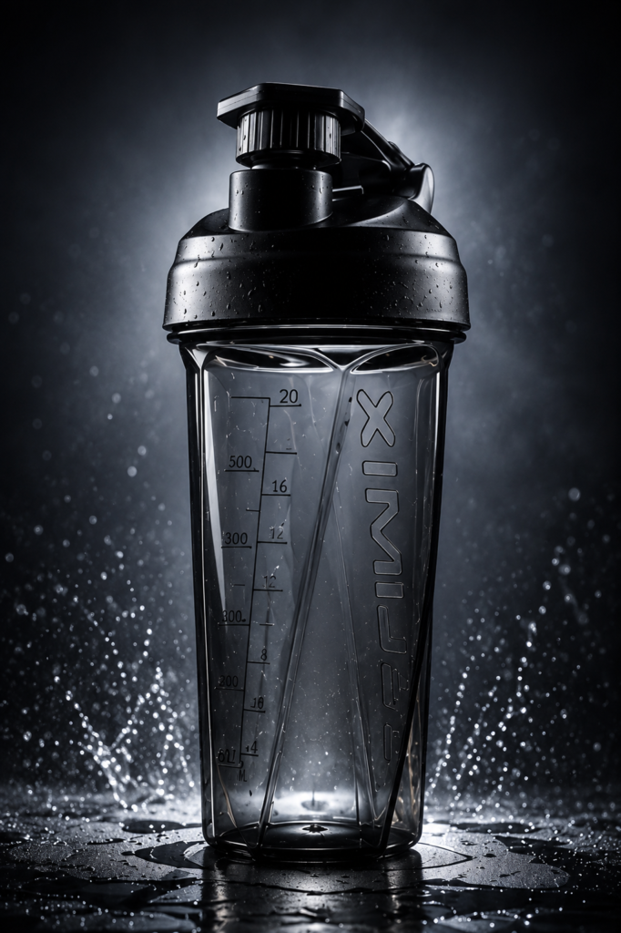 Smoke-coloured 600 ml Helimix-style shaker with a black flip-top lid and water droplets.
