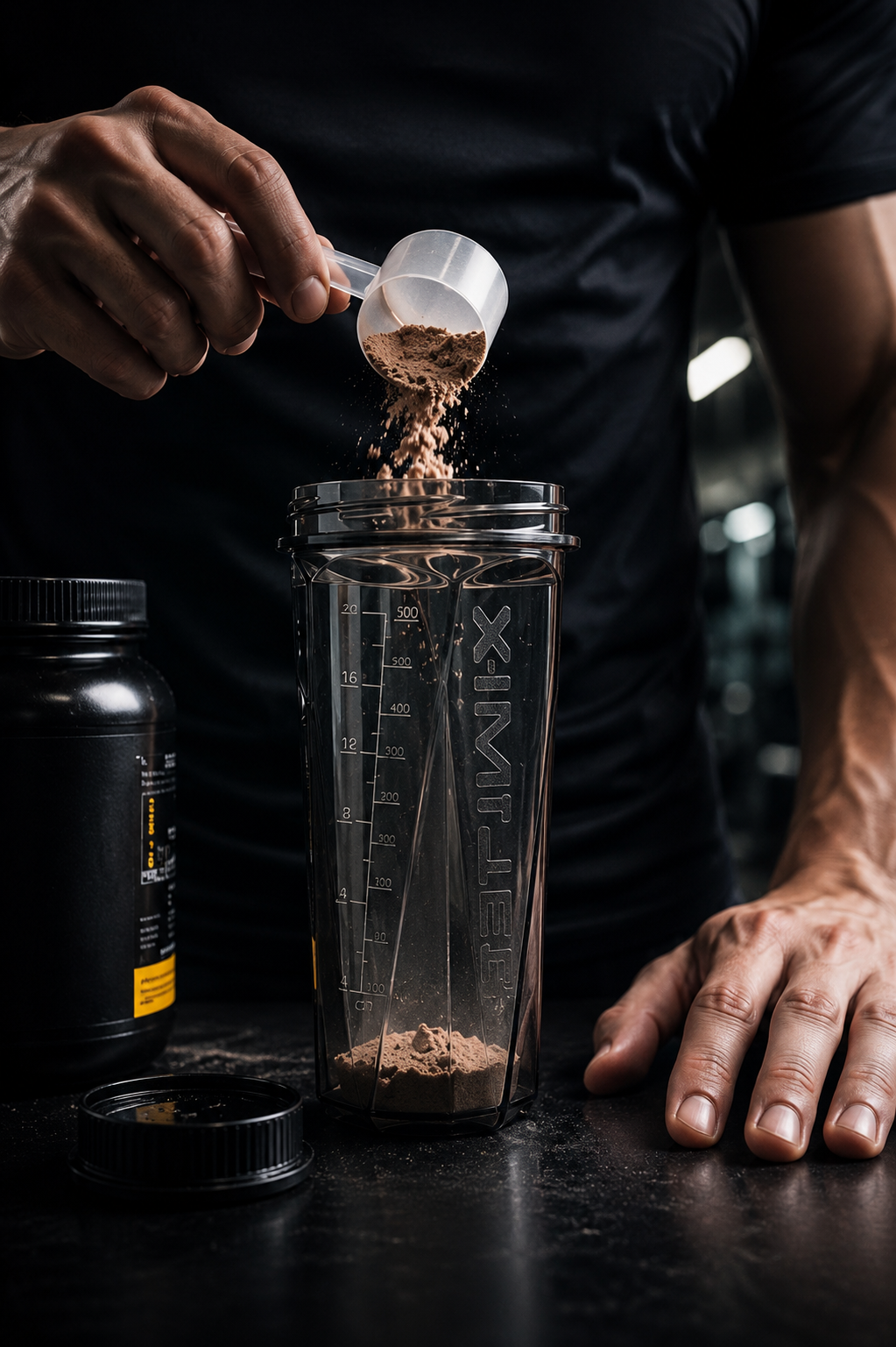 Protein powder being added to an open Model H sports shaker.