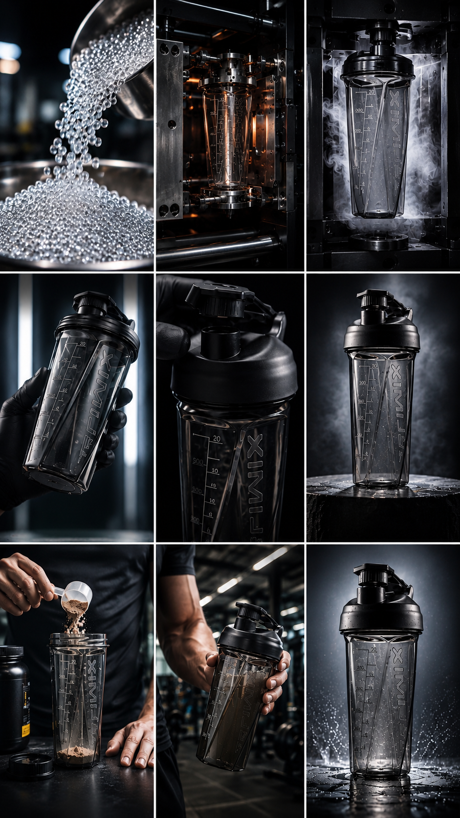 Gallery Promotional collage showing a Helimix-style shaker, product details and manufacturing-themed scenes.