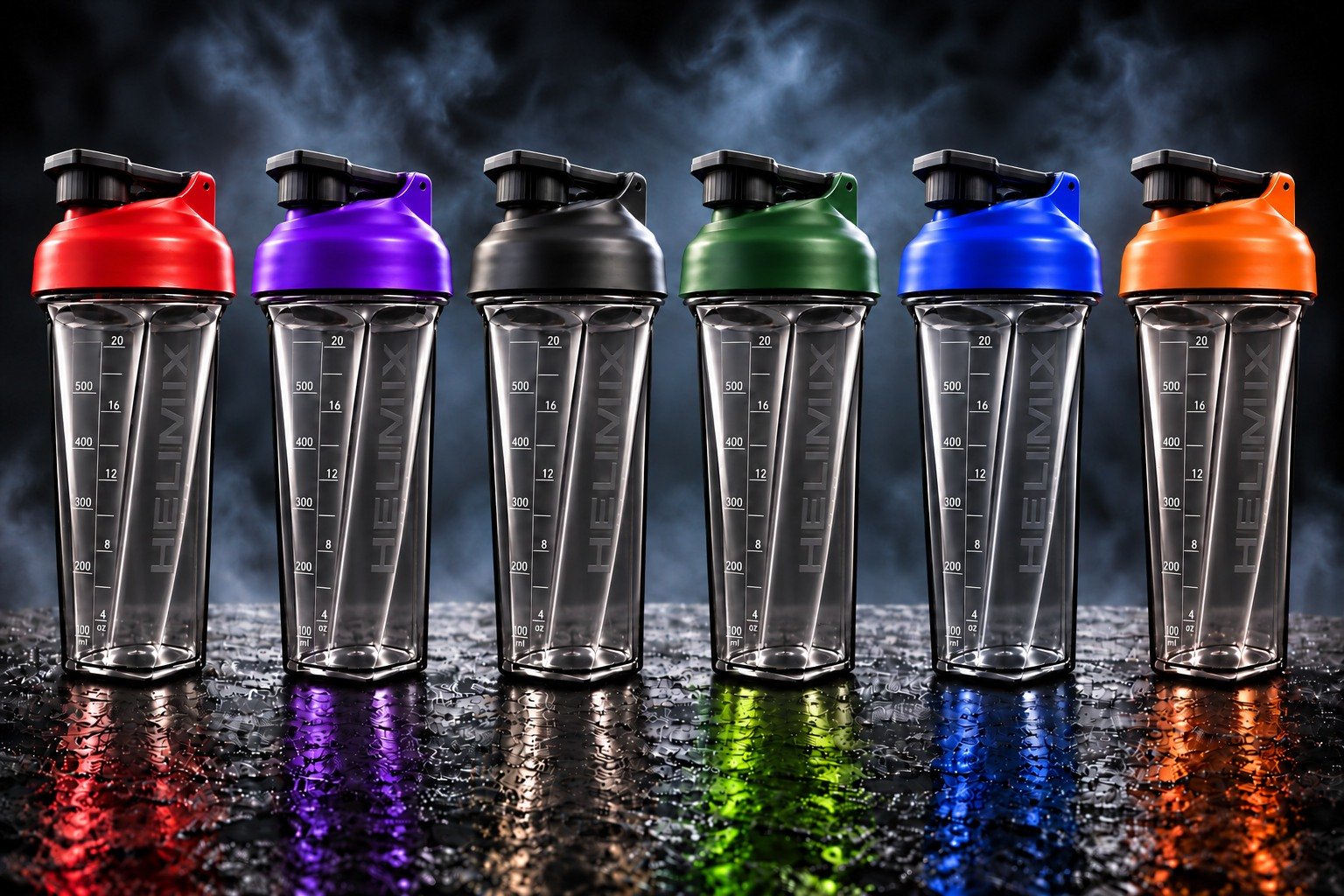 Six FARDIXPRO Model H 600 ml sports shakers with smoke-tinted bodies, coloured lids and HELIMIX branding visible through the rear wall.