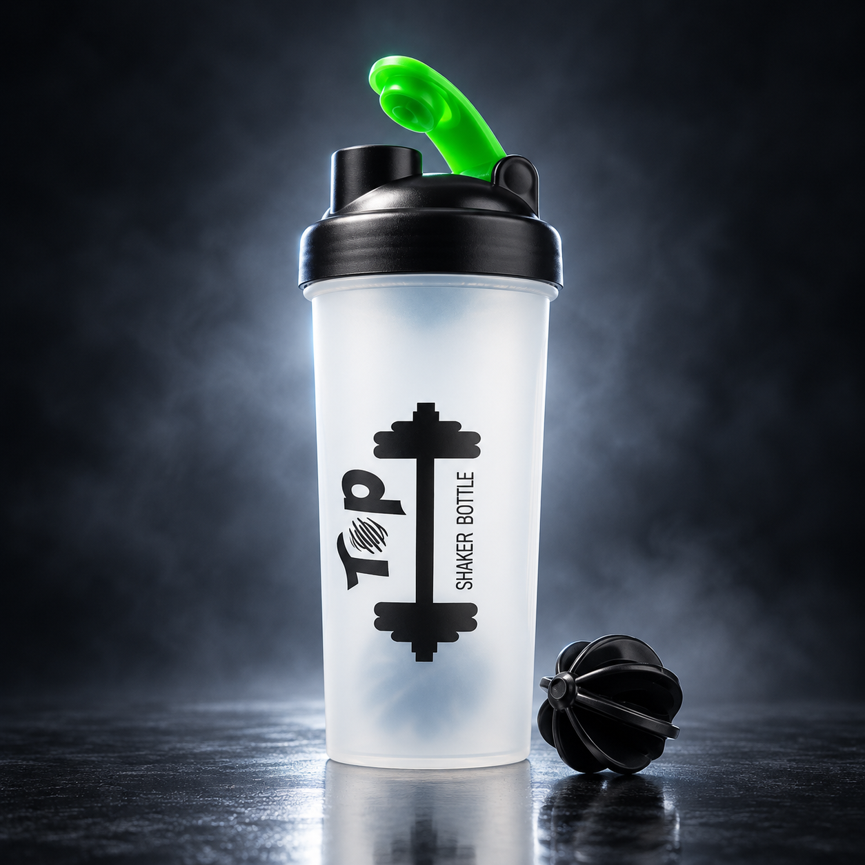 TOP sports shaker with a green flip lid and black mixing ball, photographed with cinematic studio lighting.