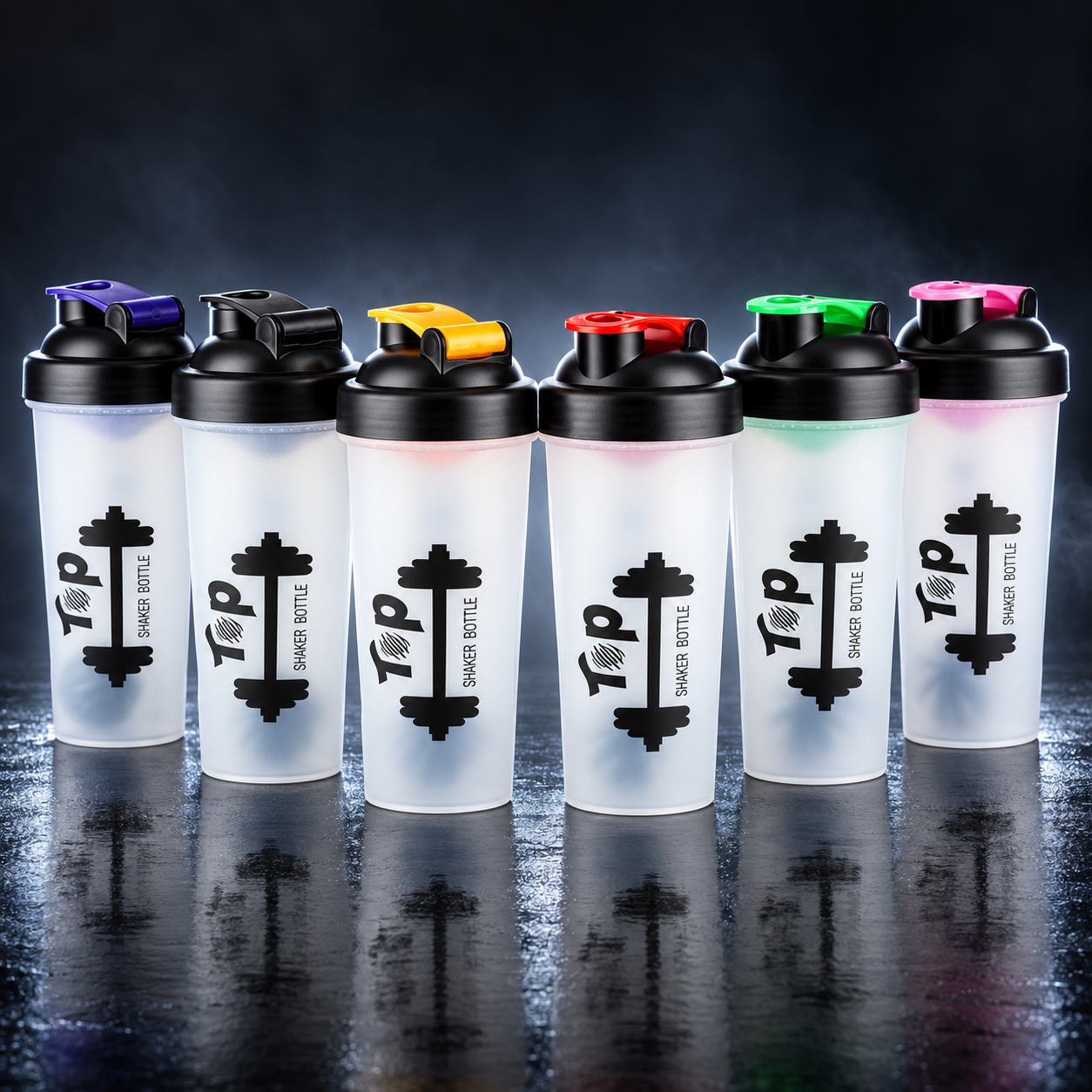 محصولات Six TOP sports shakers with black lids and purple, black, yellow, red, green and pink flip accents.